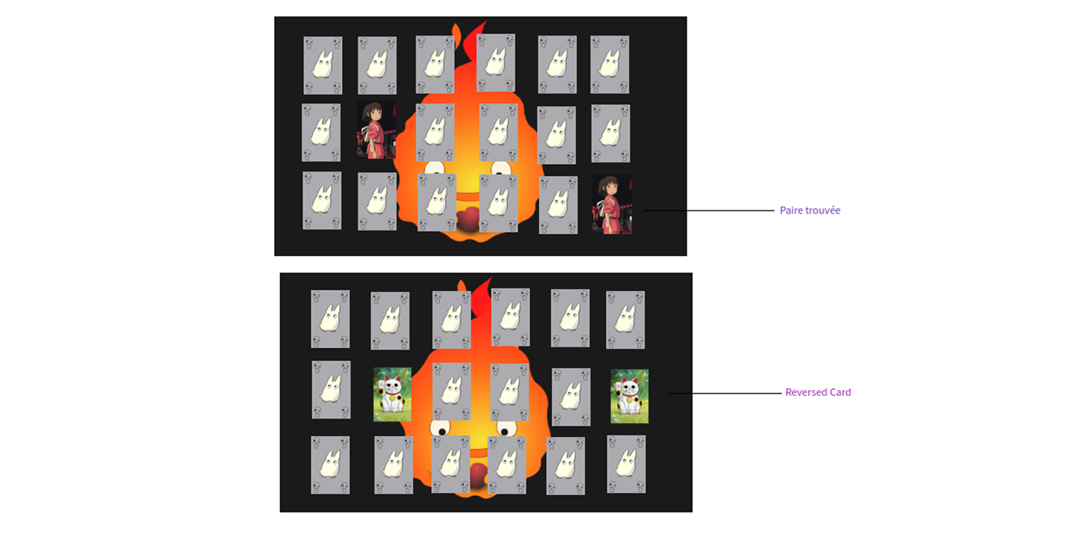 Maquettage wireframe du jeu memory Ghibly